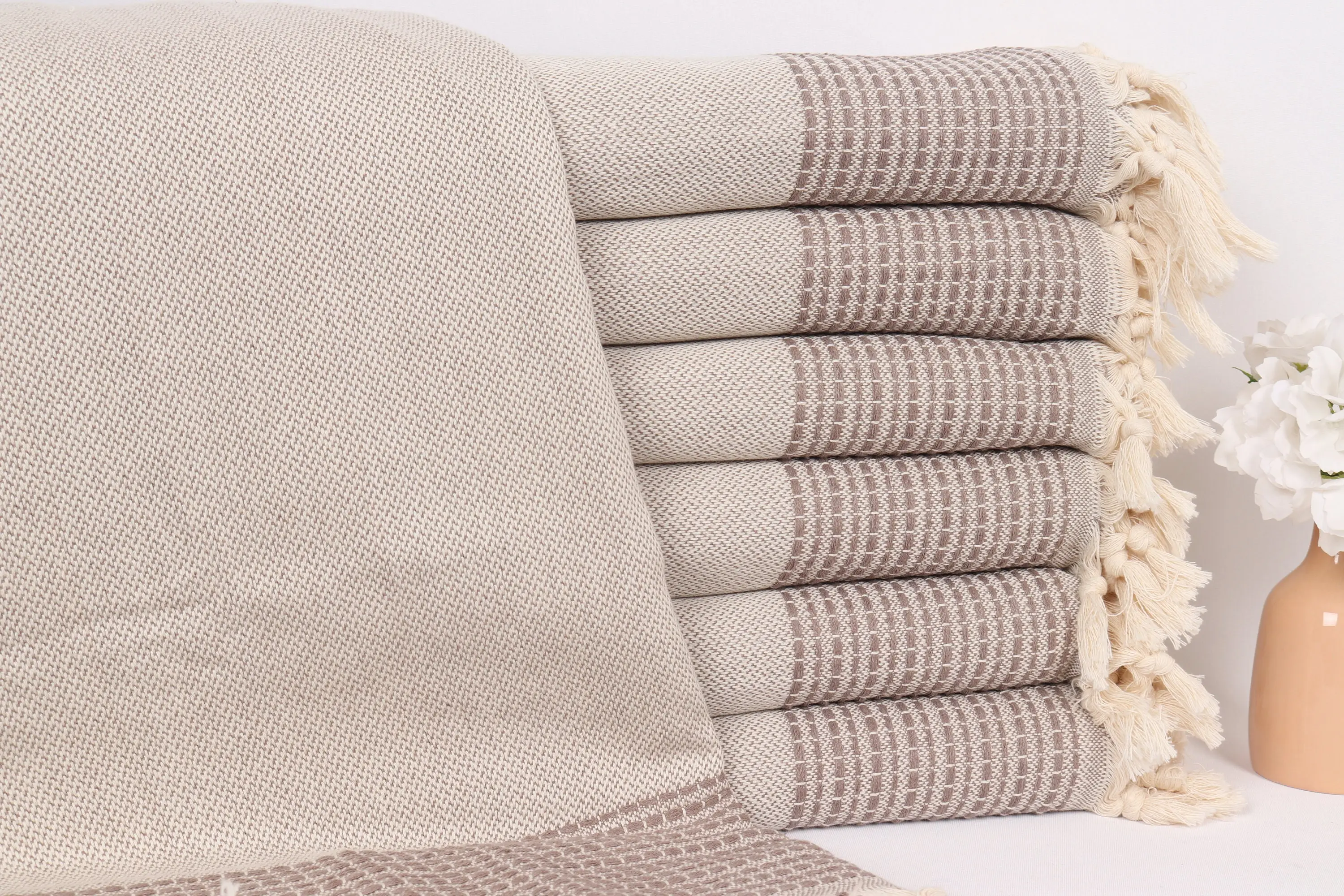 Striped Throw Brown & Beige Cotton Blanket, 91x95 Inches - 1