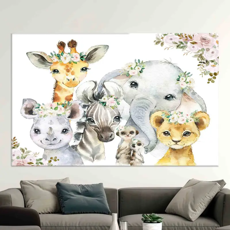 Trendy Bebek Odası Dekoru için Modern Orman Hayvanları Baskılı Kanvas