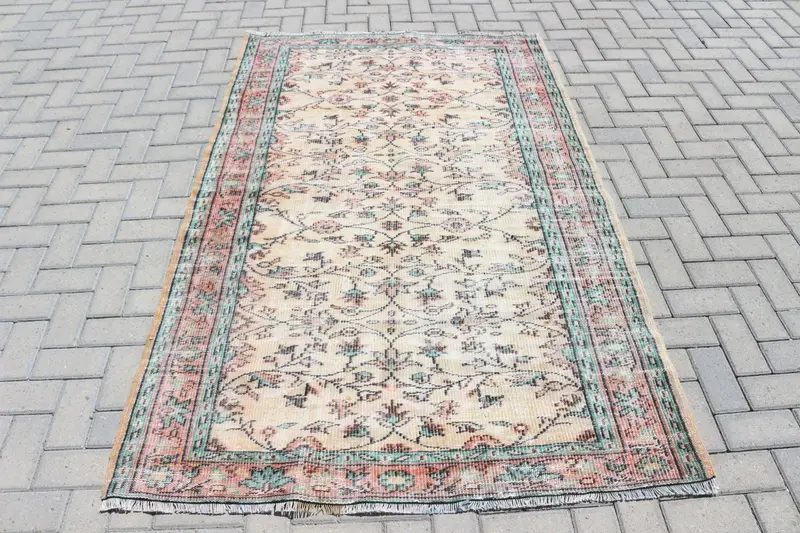 トルコヴィンテージラグ 4.6x7 フィート、レッド Oushak チェックラグ - 1