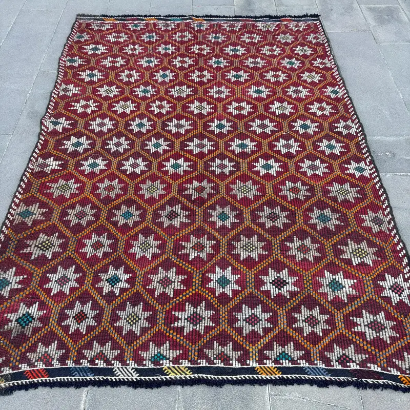 Kırmızı ve Turuncu 5,5x8 ft Halı, Geometrik Çiçek Desenli