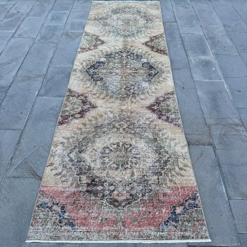 3.5x11.4 ft Runner Turkish Rug, Blue Plants & trees Vintage Rug - 1
