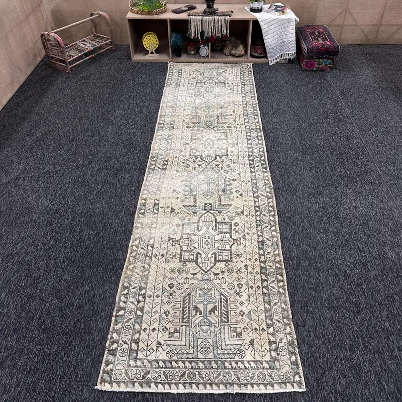 3.37x12.6 ft Turkish Runner Rug, Gray Blue Vintage Floral Wool Rug - 1