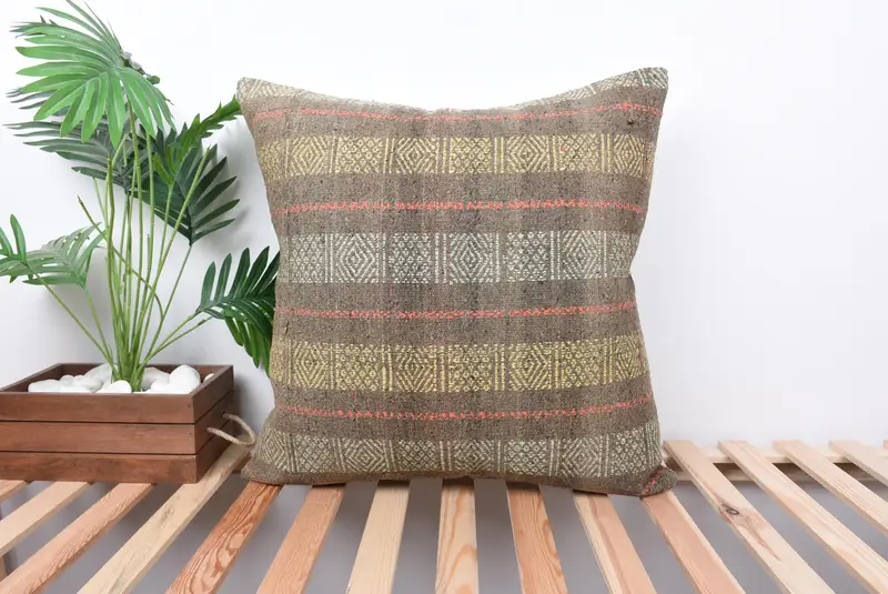 Pillow for Sofa, Cushion Case, Antique Pillows, Muted Pillow Cover, Farmhouse Cushion Case, Vintage Kilim Throw Pillow, 24x24 Gray Pillow Sham - 1