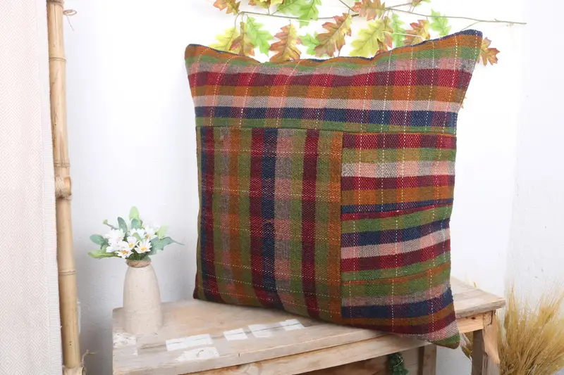 Cushion Cover, Boho Pillow Sham Cover, Handmade Kilim Cushion, Meditation Pillow Sham, Kilim Pillow, Toss Pillow Case, 24x24 Green Cushion - 5