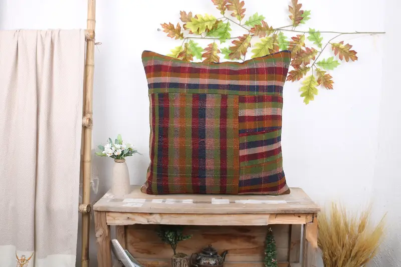 Cushion Cover, Boho Pillow Sham Cover, Handmade Kilim Cushion, Meditation Pillow Sham, Kilim Pillow, Toss Pillow Case, 24x24 Green Cushion - 1