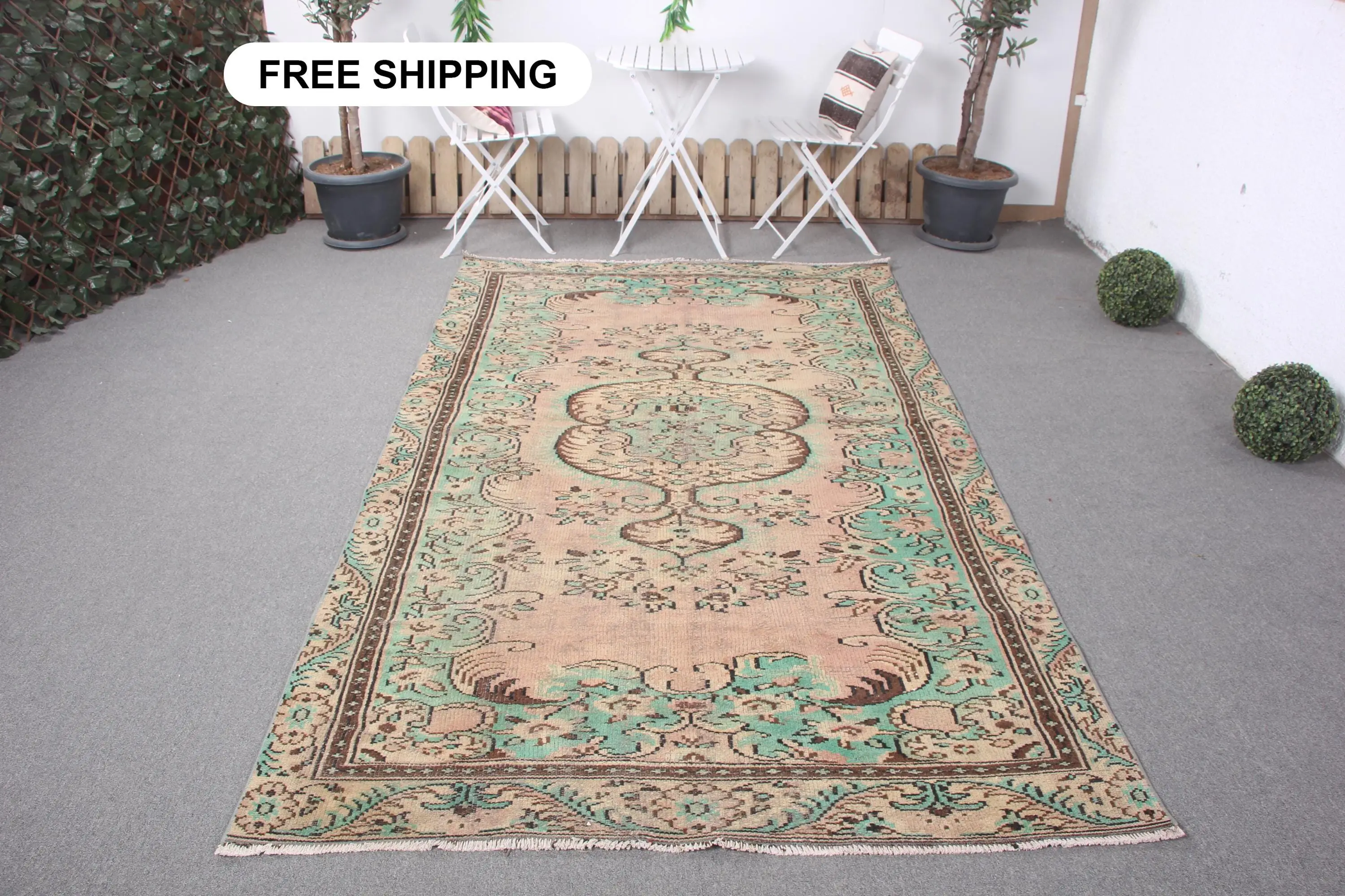 5.1x8.9 ft Büyük Vintage Halı, Türk Halısı, Yeşil Kahverengi Çiçekli Yün Halı - 1
