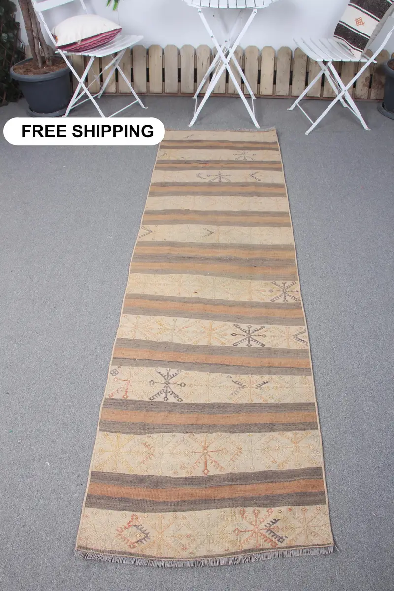 Elegant Beige & Orange Rug, 2,3x8 ft Floral & Geometric