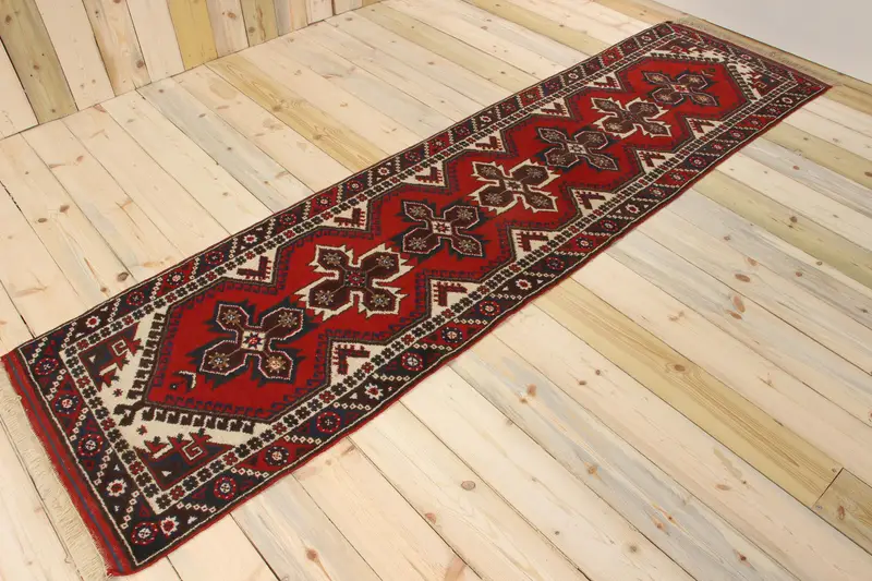 Turkish Vintage Runner Rug 2.4x9.2 ft, Red Blue Animal Print Rug - 1