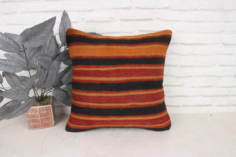 18x18 Brown Pillow Sham, Turkish Kilim Pillow, Handmade Kilim Cushion, Crochet Pattern Pillow Sham, Cushion Cover, Vintage Kilim Throw Pillow - 1