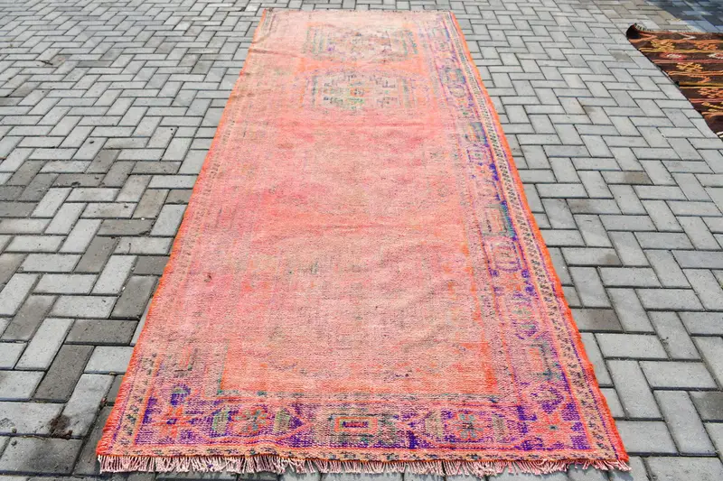 Alfombra de 4,5x11,2 pies, alfombra Oushak vintage, alfombra floral de lana roja turca - 1
