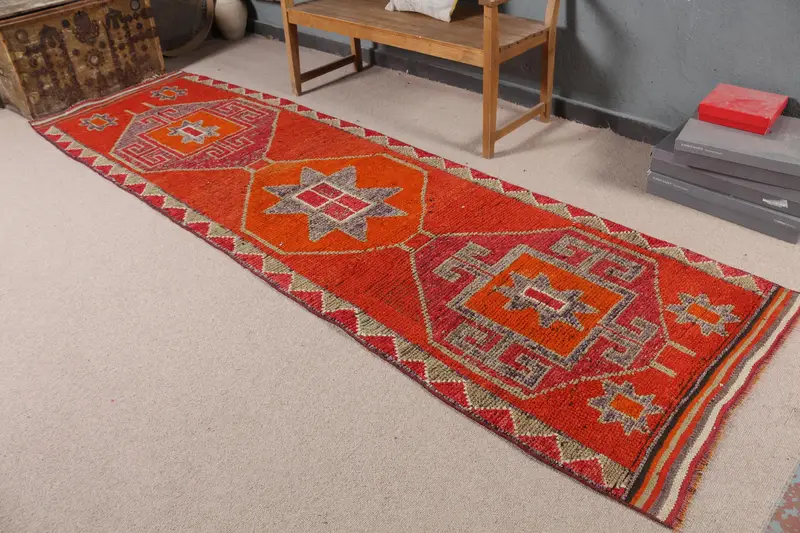 Alfombra turca vintage, alfombra Oushak de 3,2x11,2 pies, alfombra de lana Ikat roja - 1
