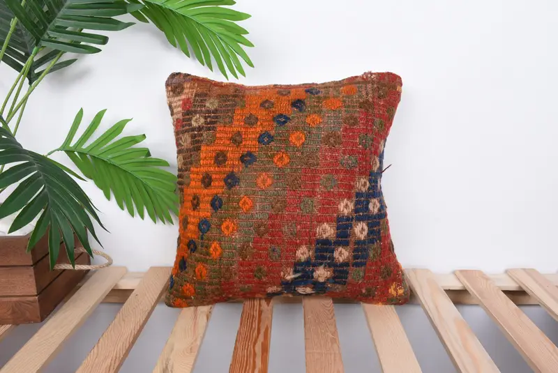 Cushion Case, Throw Kilim Pillow, Tribal Pillow Cover, 14x14 Red Cushion Case, Ethnic Cushion Cover, Home Decor Pillow, Kilim Cushion Sham - 1