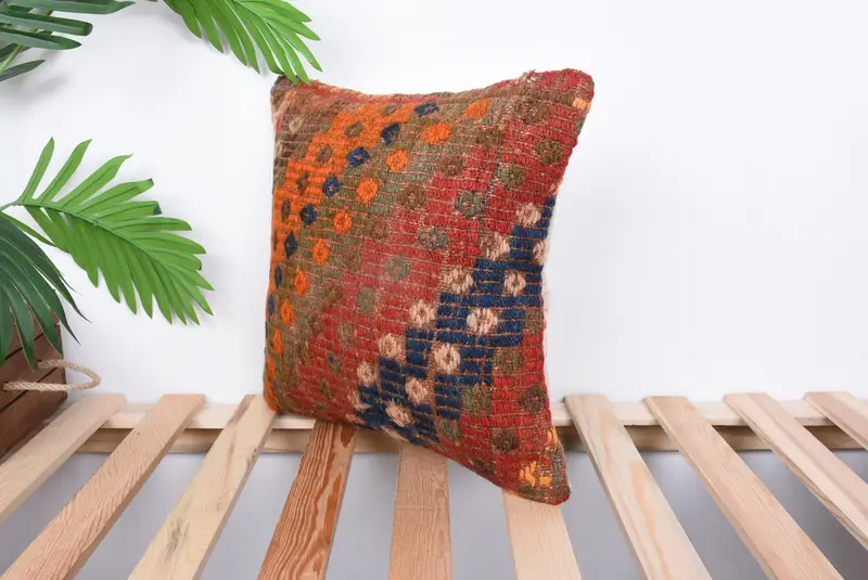 Cushion Case, Throw Kilim Pillow, Tribal Pillow Cover, 14x14 Red Cushion Case, Ethnic Cushion Cover, Home Decor Pillow, Kilim Cushion Sham - 5