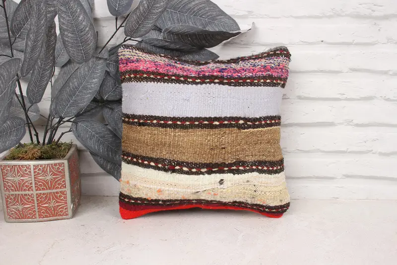 Pillow Case, 12x12 Pink Pillow Cover, Accent Throw Pillow Case, Ethnical Kilim Rug Pillow, Handmade Kilim Cushion, Turkish Pillow, Anatolian Pillow - 1