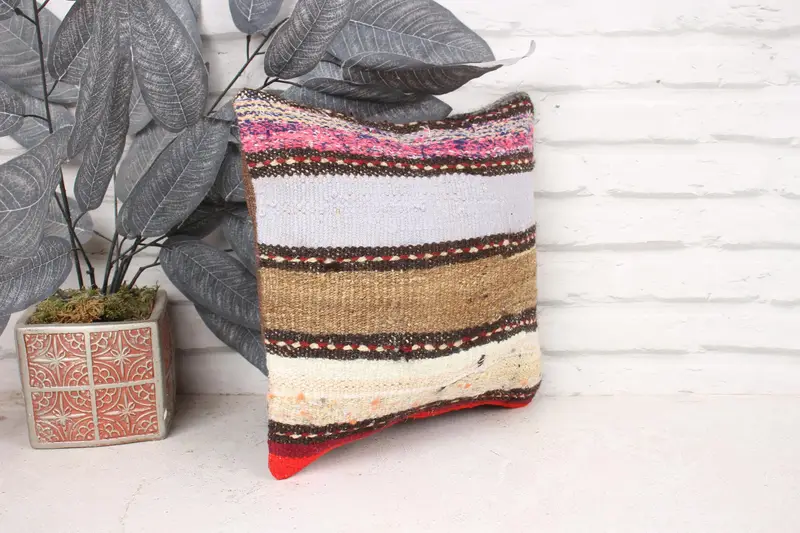 Pillow Case, 12x12 Pink Pillow Cover, Accent Throw Pillow Case, Ethnical Kilim Rug Pillow, Handmade Kilim Cushion, Turkish Pillow, Anatolian Pillow - 3