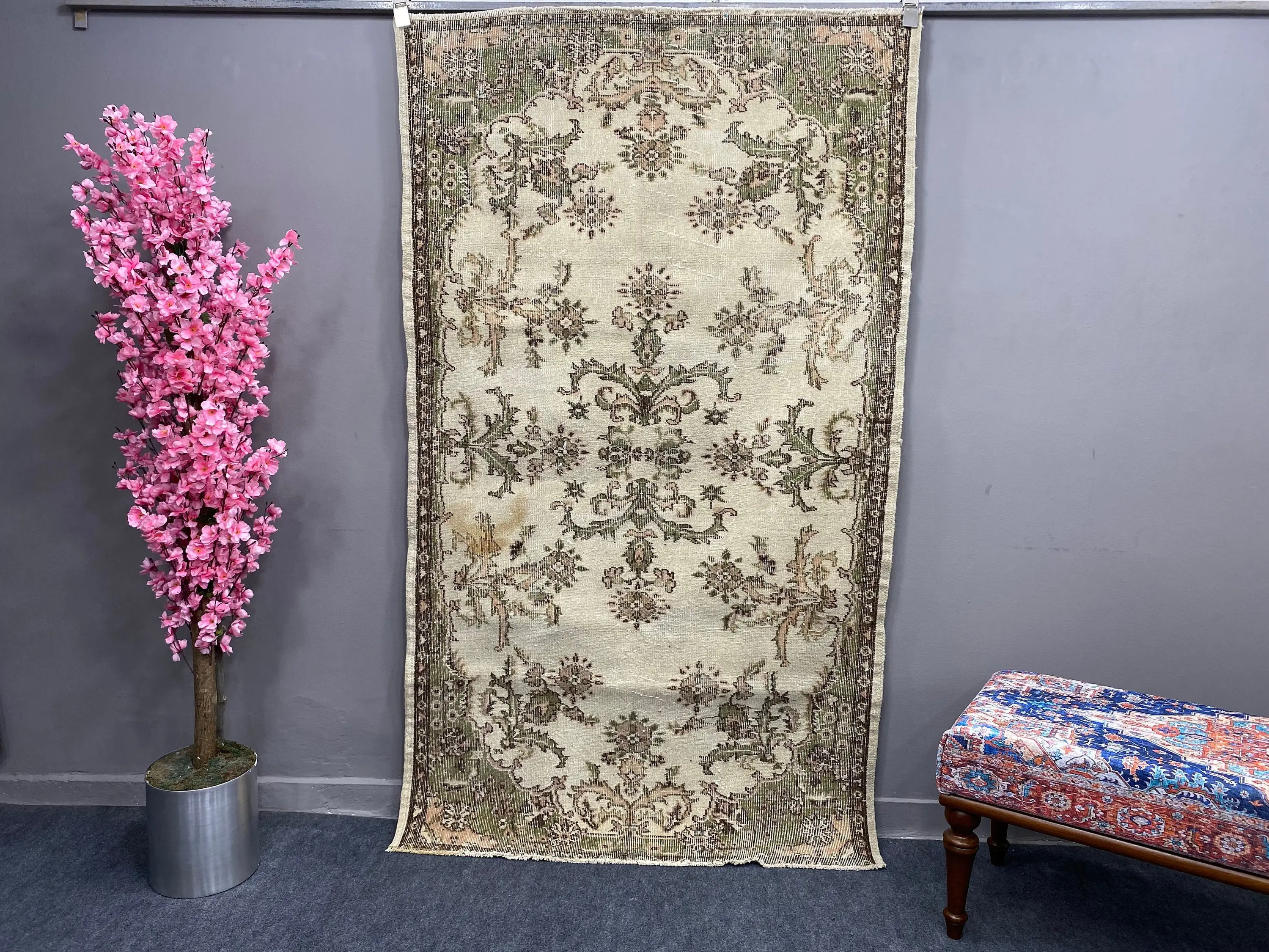 3.9x6.8 ft Halı, Vintage Türk Halısı, Yeşil Oryantal Halı - 1