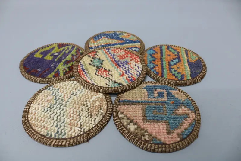 Blue and Red Kilim Coaster Set, Woven Turkish Coasters