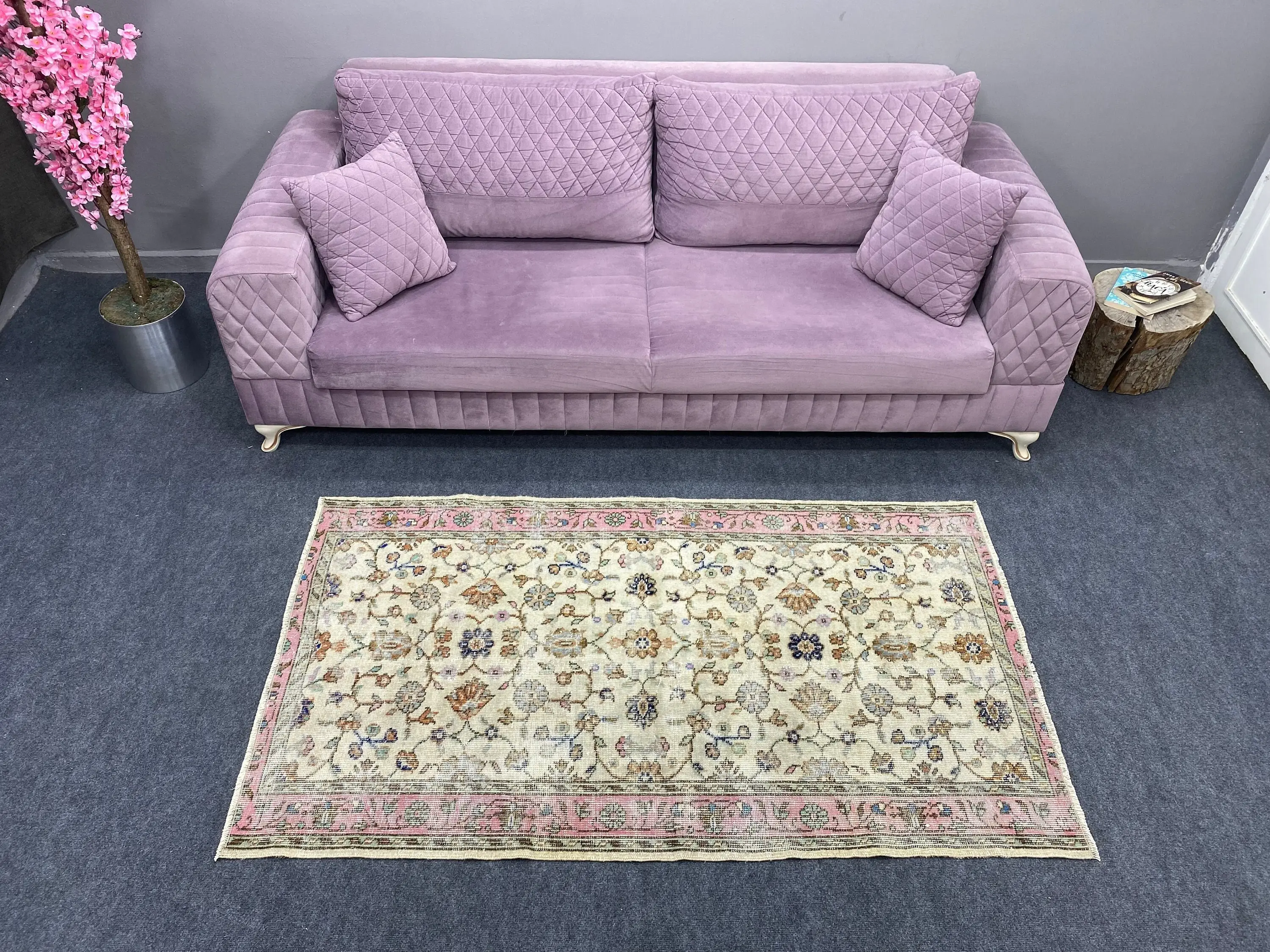 Türk Vintage Accent Halı 3.3x5.8 ft, Beyaz Mavi Çiçekli Yün Halı - 1