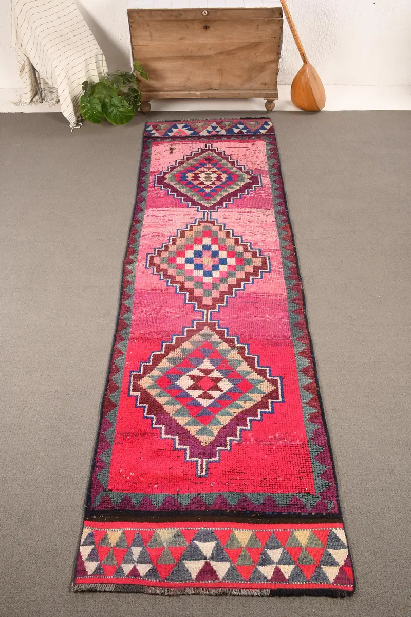Alfombra Vintage, Alfombra Runner 3x10.8 ft, Alfombra Oriental Rosa Herki - 1