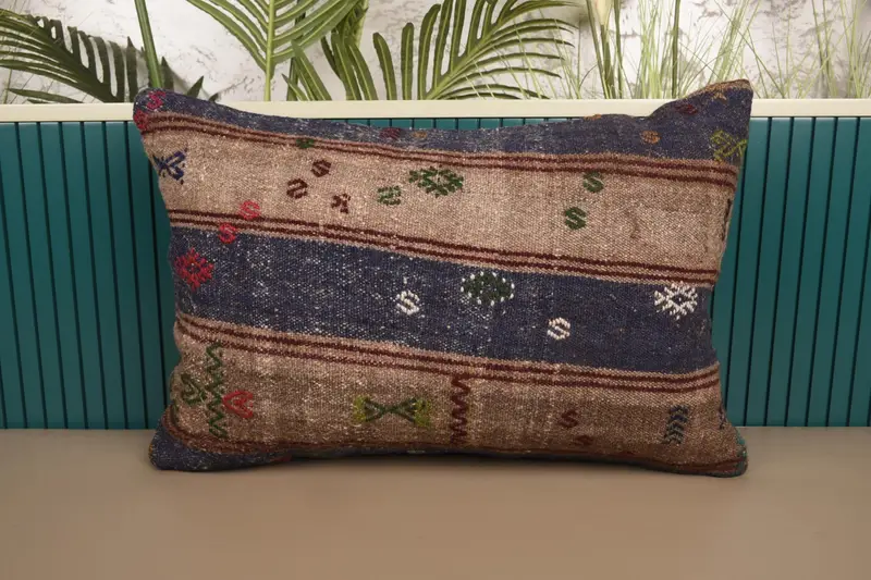 Turkish Rustic Pillow Sham, 16x24 inch Striped TexturedBrown Antique Wool Cushion Case - 1