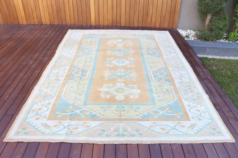 6.6x9.4 ft Rug, Vintage Turkish Rug, Oushak Blue Solid Rug - 1
