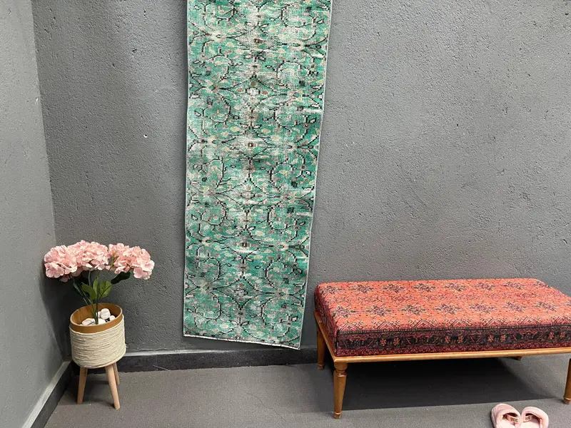 Vintage Oushak Runner Rug 2x5.7 ft (60x174 cm), Turkish Green Striped Wool Rug - 1
