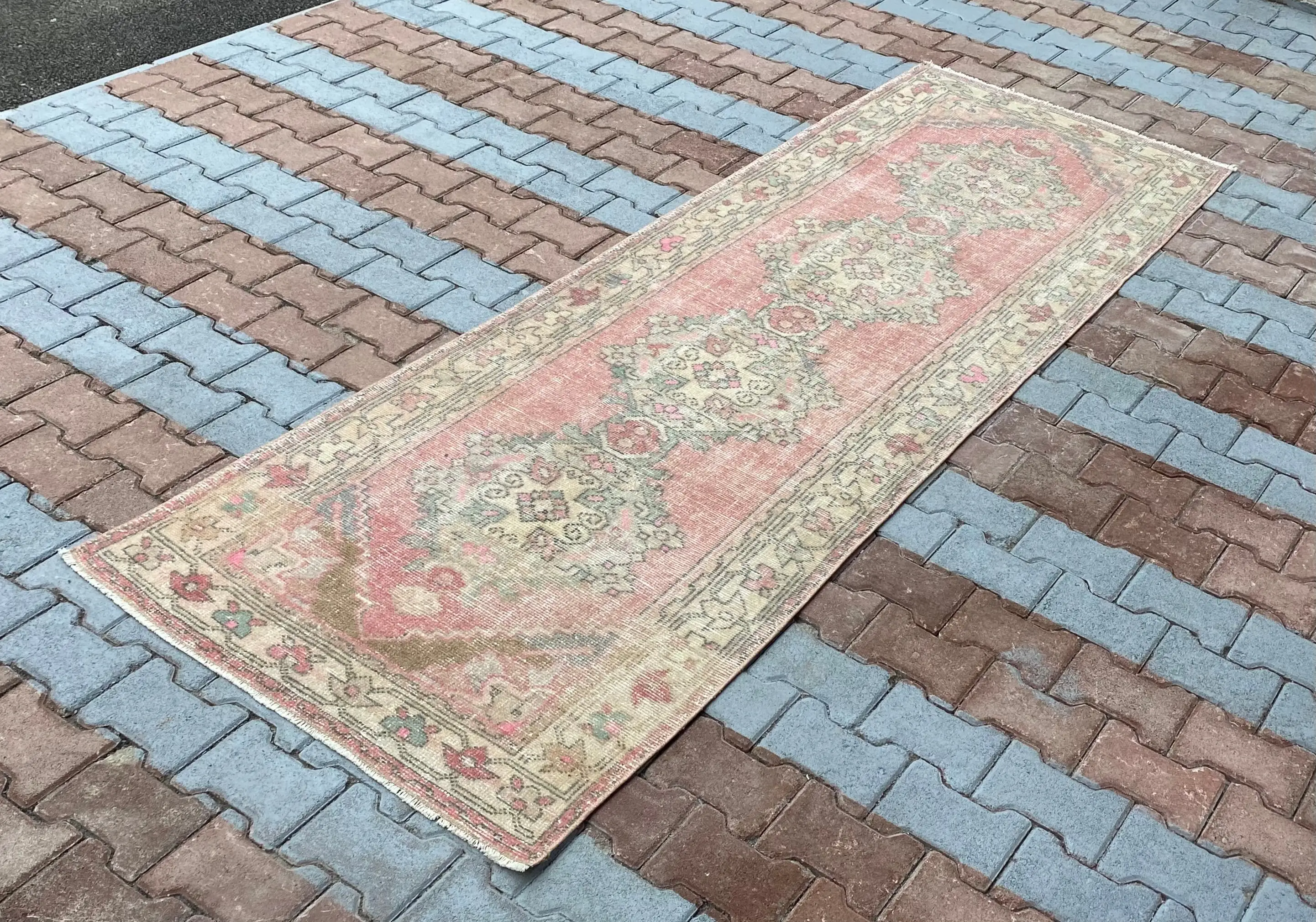Turkish Vintage Rug, 3.2x9.6 ft Runner Rug, Red Green Floral Rug - 1