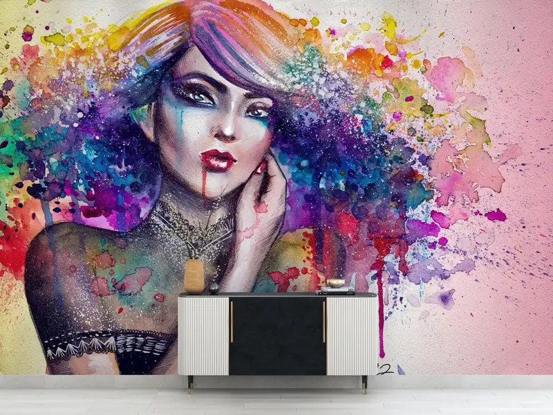 Zarif Baskılı Duvar Kağıdı: Canlı Gökkuşağı Tonlarında Soyut Kadın