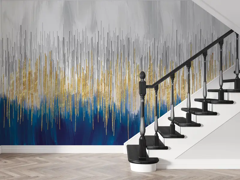 Wallpaper Patent, Golden Lines Digital Paper, Gold Wall Paper, Modern Paper Craft, Navy Blue And Gold Mural, 3D Wall Mural, - 9