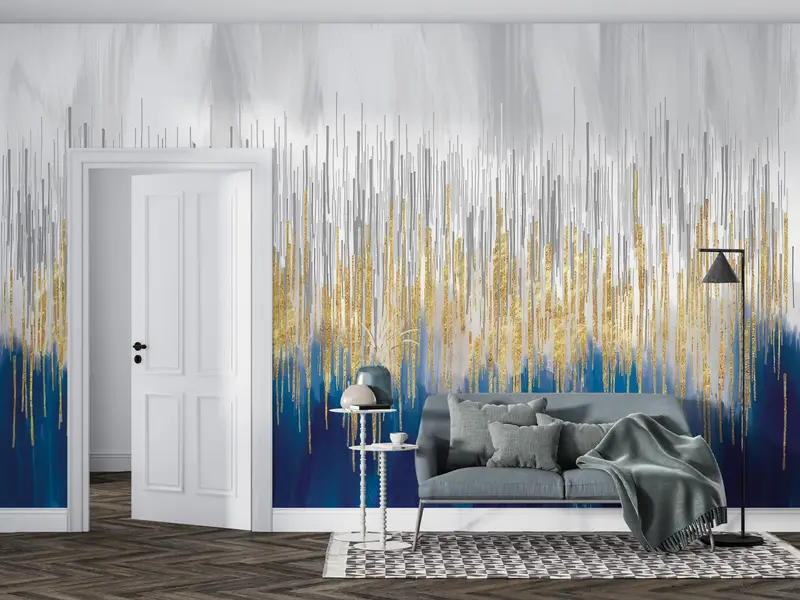 Wallpaper Patent, Golden Lines Digital Paper, Gold Wall Paper, Modern Paper Craft, Navy Blue And Gold Mural, 3D Wall Mural, - 5