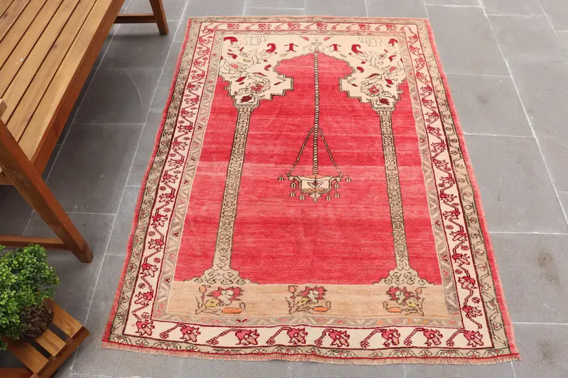 Vintage Türk Vurgulu Halı 3,8x5,2 ft, Oushak Kırmızı Yün Halı - 1