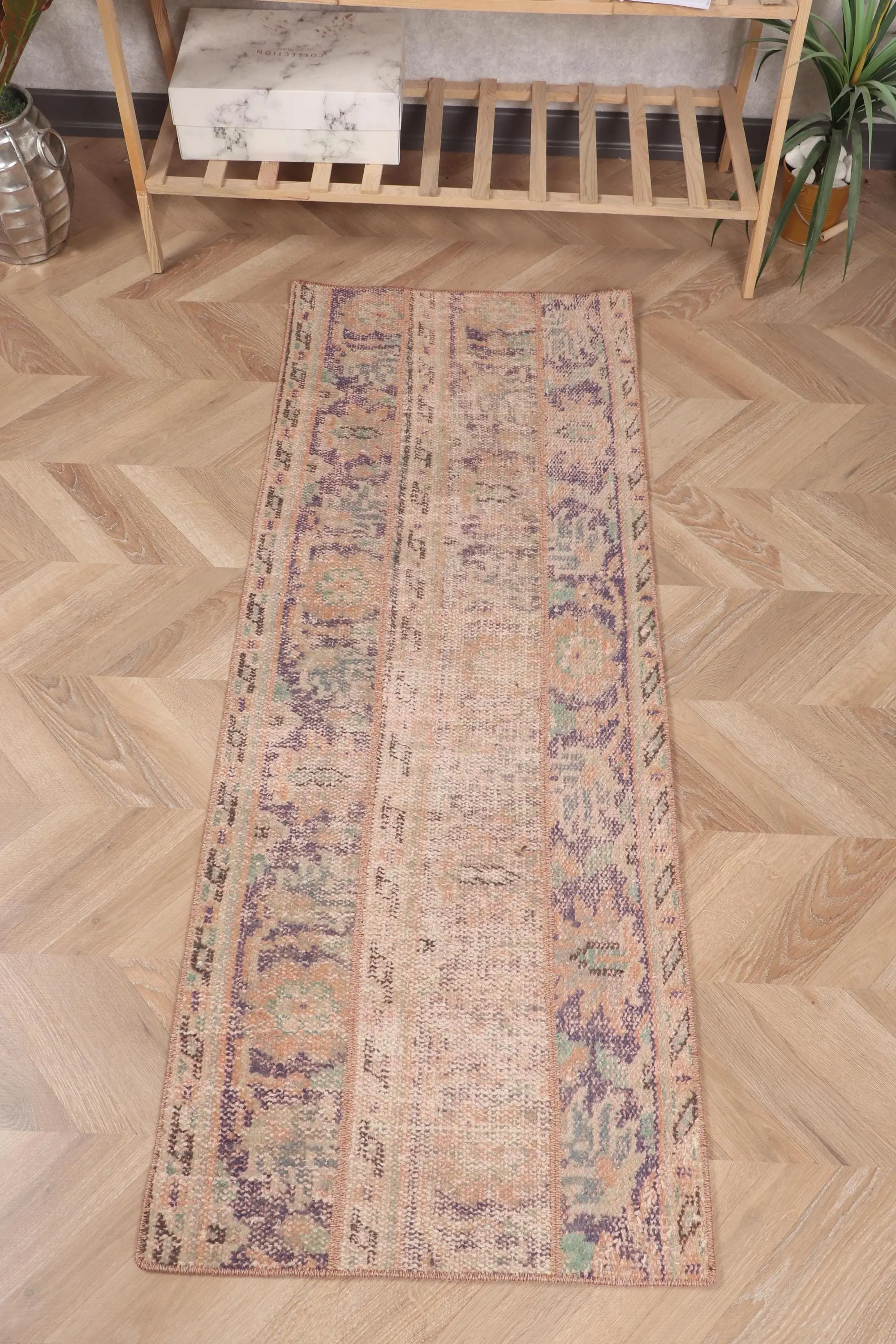 Vintage 1.9x5 ft Rug, Small Turkish Rug, Brown Purple Floral Rug - 1