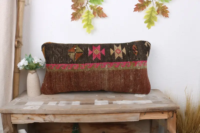 12x24 Brown Pillow, Accent Throw Cushion Cover, Bed Cushion Case, Ethnical Kilim Rug Pillow, Antique Pillows, Cushion, Handmade Kilim Cushion - 1