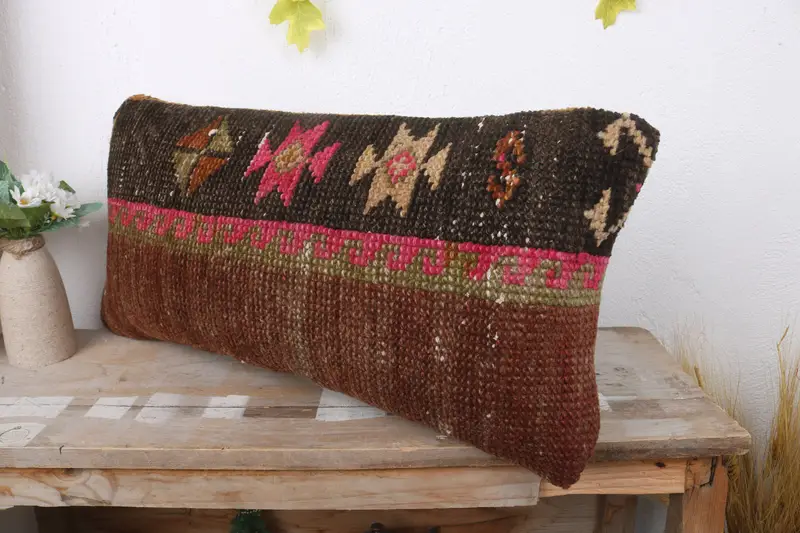 12x24 Brown Pillow, Accent Throw Cushion Cover, Bed Cushion Case, Ethnical Kilim Rug Pillow, Antique Pillows, Cushion, Handmade Kilim Cushion - 4