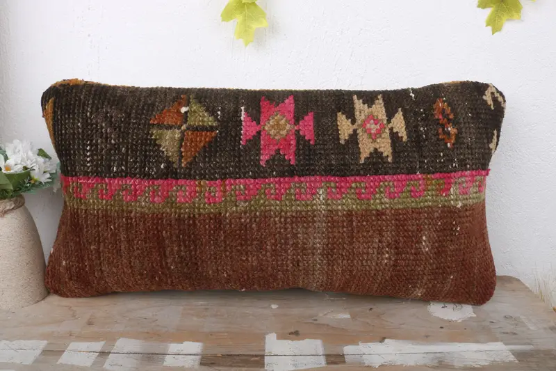 12x24 Brown Pillow, Accent Throw Cushion Cover, Bed Cushion Case, Ethnical Kilim Rug Pillow, Antique Pillows, Cushion, Handmade Kilim Cushion - 2