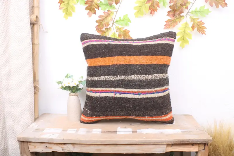 Gift Pillow, Handmade Kilim Cushion, 18x18 Brown Cushion Case, Turkish Bench Cushion Cover, Pillow Cover, Interior Designer Pillow - 1