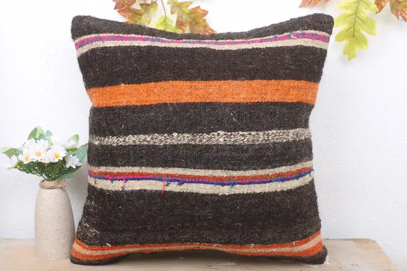 Gift Pillow, Handmade Kilim Cushion, 18x18 Brown Cushion Case, Turkish Bench Cushion Cover, Pillow Cover, Interior Designer Pillow - 2