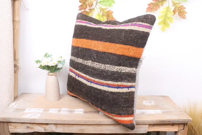 Gift Pillow, Handmade Kilim Cushion, 18x18 Brown Cushion Case, Turkish Bench Cushion Cover, Pillow Cover, Interior Designer Pillow - 4