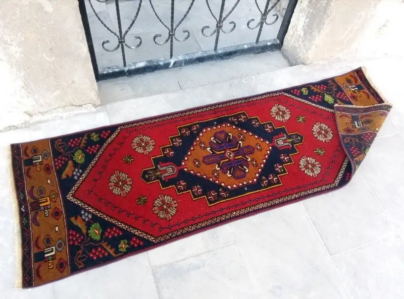 Vintage Rug, Runner 1.8x5.3 ft Turkish Rug, Red Blue Plants & trees Wool Rug - 1