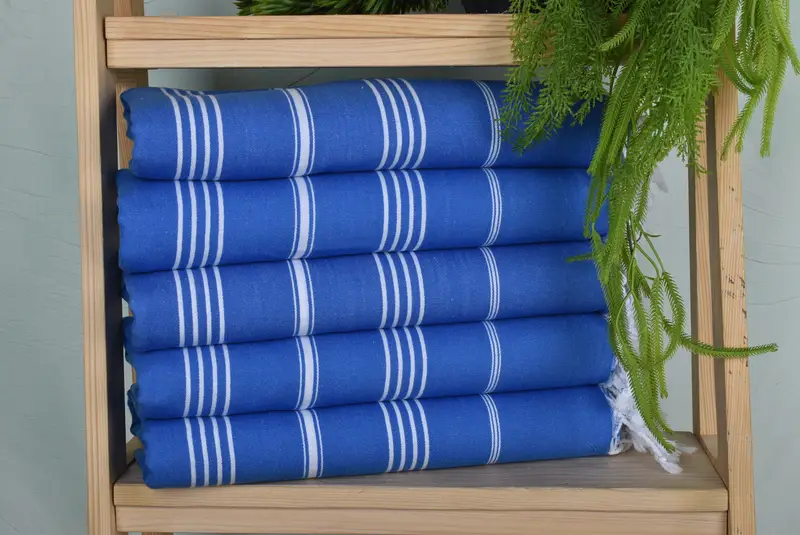 Monogrammed Beach Towel Turkish Striped Sax Blue, Beige, 40x71 Inches