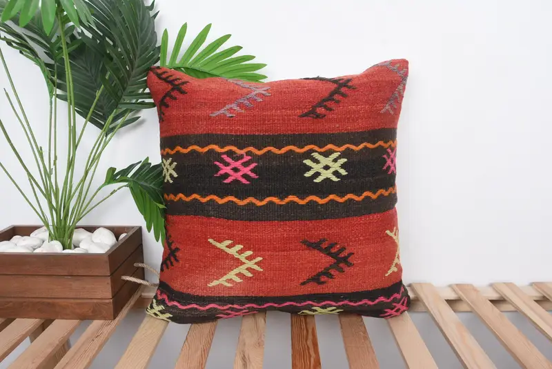 Home Decor Pillow, Pillow Cover, Kilim Pillow, Toss Pillow, Handwoven Pillow Cover Cushion Cover, 20x20 Red Pillow, Kilim Pillow Cover - 1