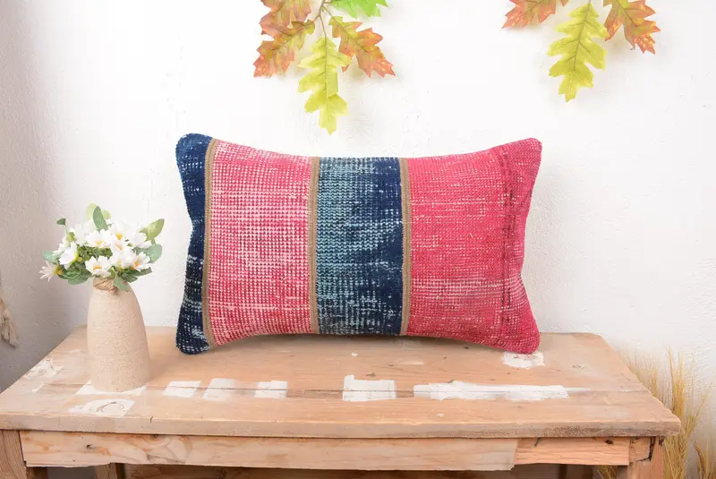 Red Patchwork Throw Pillow with Bronze Accents, Handmade Rectangle Pillow