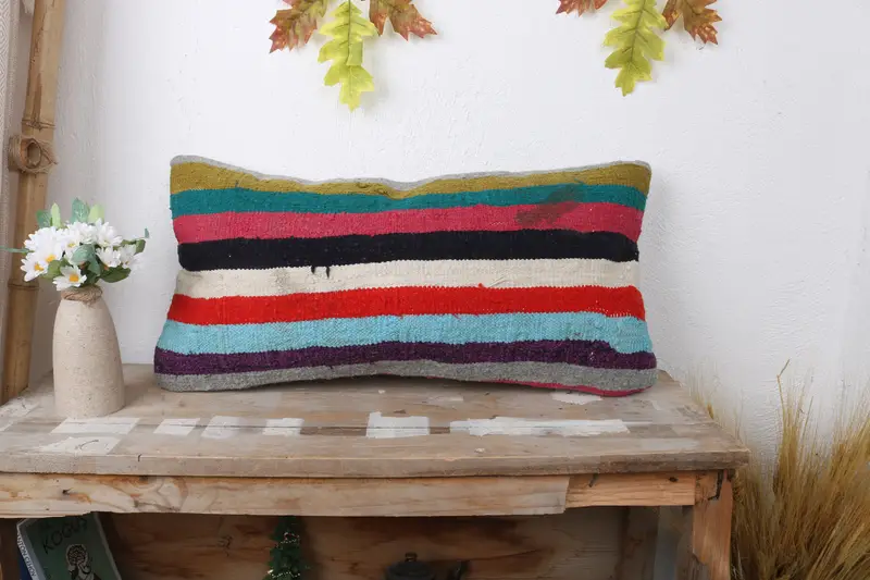 Cotton Cushion Case, Luxury Pillow Cover, Throw Kilim Pillow, 12x24 Rainbow Cushion Cover, Pillow Cover, Turkish Kilim Pillow, Kilim Pillow - 1