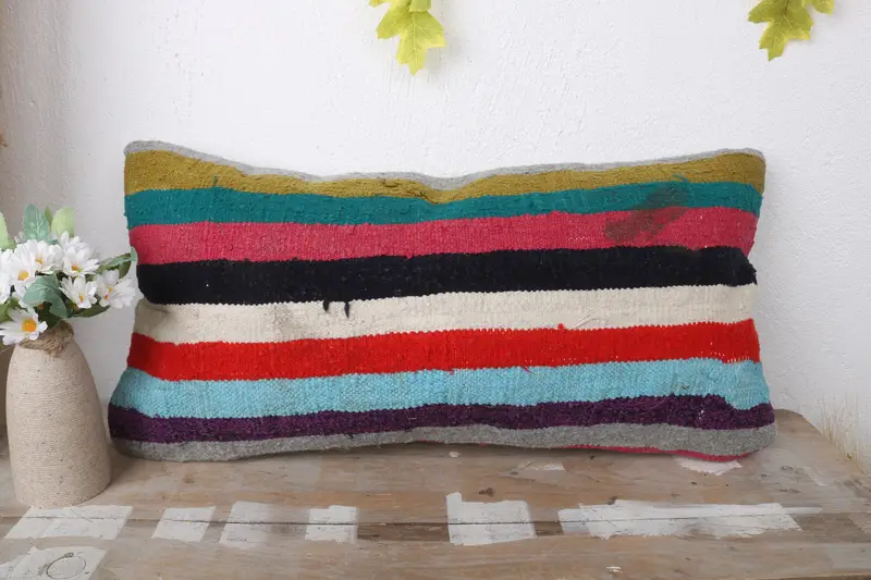 Cotton Cushion Case, Luxury Pillow Cover, Throw Kilim Pillow, 12x24 Rainbow Cushion Cover, Pillow Cover, Turkish Kilim Pillow, Kilim Pillow - 2