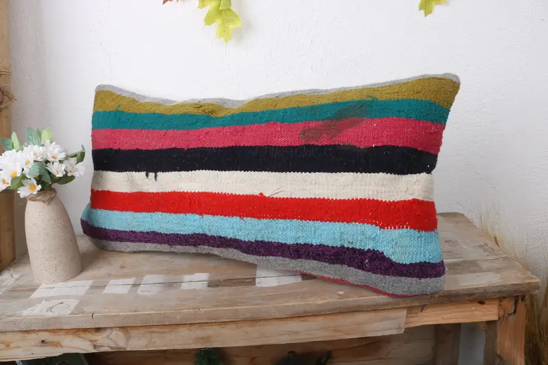 Cotton Cushion Case, Luxury Pillow Cover, Throw Kilim Pillow, 12x24 Rainbow Cushion Cover, Pillow Cover, Turkish Kilim Pillow, Kilim Pillow - 4