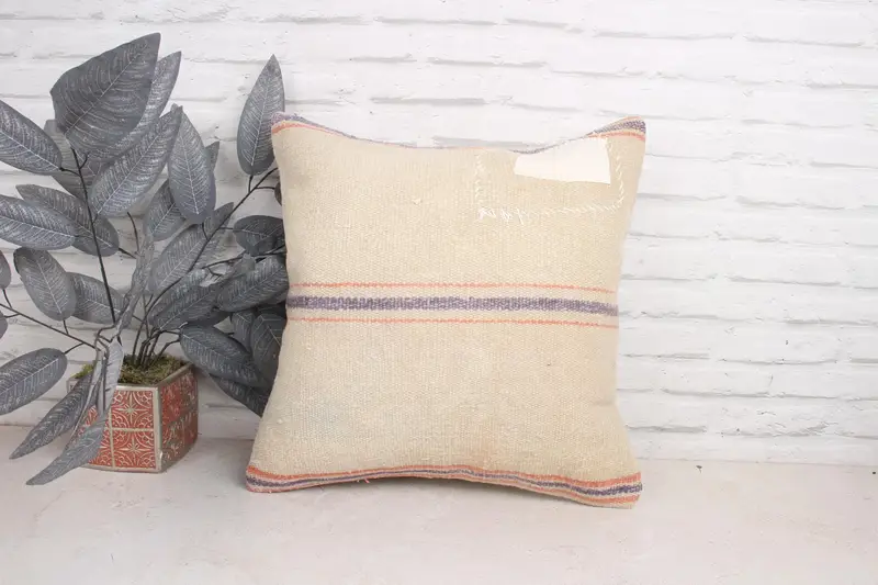 18x18 Beige Cushion Cover, Pillow Sham, Christmas Pillow Case, Throw Kilim Pillow, Floor Pillow Cover, Handmade Kilim Cushion, Home Decor Pillow - 1