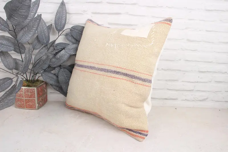 18x18 Beige Cushion Cover, Pillow Sham, Christmas Pillow Case, Throw Kilim Pillow, Floor Pillow Cover, Handmade Kilim Cushion, Home Decor Pillow - 4