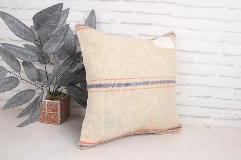 18x18 Beige Cushion Cover, Pillow Sham, Christmas Pillow Case, Throw Kilim Pillow, Floor Pillow Cover, Handmade Kilim Cushion, Home Decor Pillow - 3