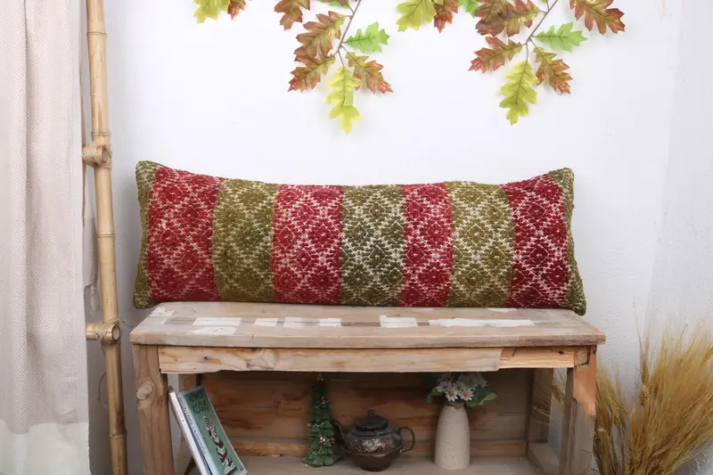 Red & Green Embroidered Throw Pillow, 12x36 Handmade Cushion