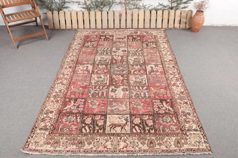 Handmade Brown & Pink Rug, 5.4x8 ft Floral & Geometric